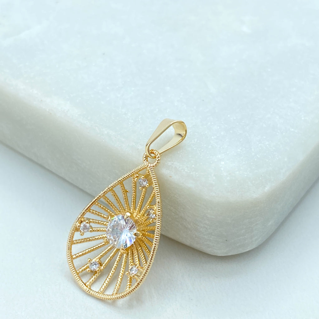 18k Gold Filled Teardrop Pendant, CZ Filigree Drop Charm, Elegant Dangle Jewelry, Sparkling Teardrop Pendant