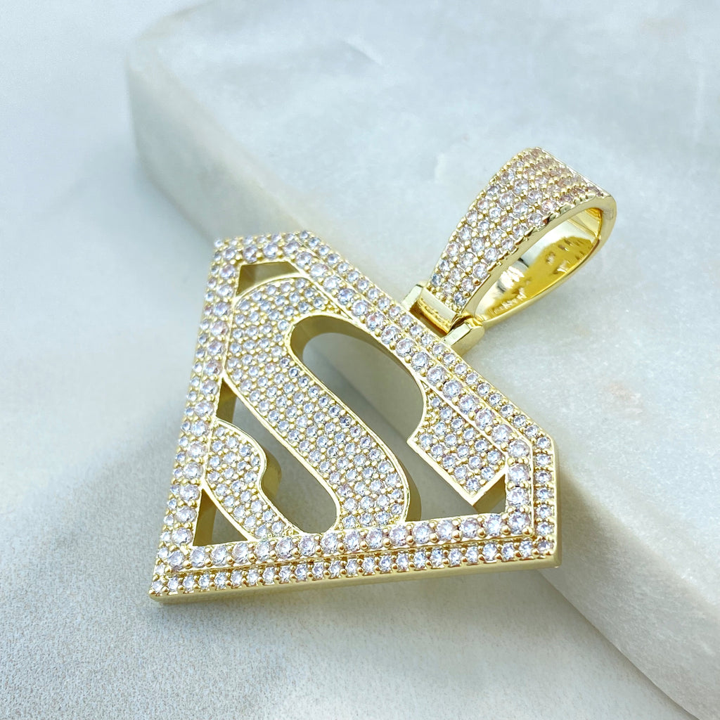 18k Gold Filled Cubic Zirconia Pave Superman Pendant