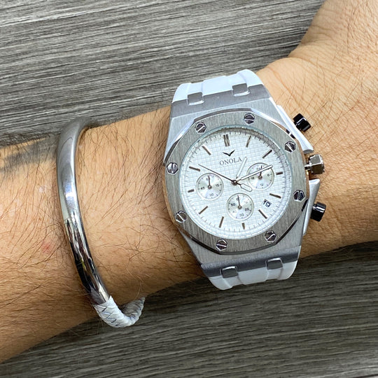Watch ONOLA for Men, Silver Stainless Steel, Octagon Men’s Sport Wristwatch Watch, Multi Functional Chronograph, Blue Rubber, Analog Stylish (Copy) (Copy)