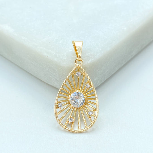 18k Gold Filled Teardrop Pendant, CZ Filigree Drop Charm, Elegant Dangle Jewelry, Sparkling Teardrop Pendant
