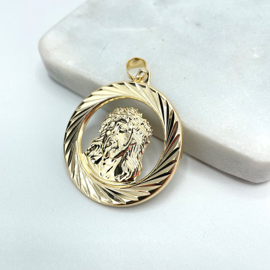 18k Gold Filled Textured & Cutout Medal Jesus Christ Face Pendant, Religious Medallion