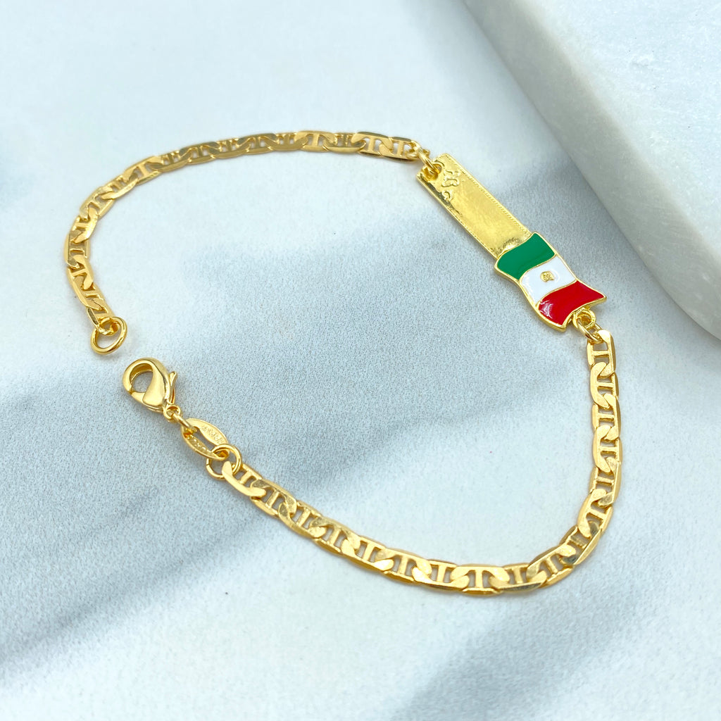 18K Gold Filled and Enamel Mexican Flag ID Mariner Link Bracelet or Stud Earrings Mexican Flag, Patriot Jewelry