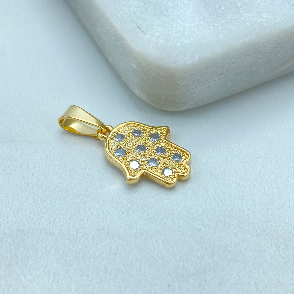 18K Gold Filled Textured Hamsa Hand Stud Earrings & Pendant Set, featuring Micro CZ