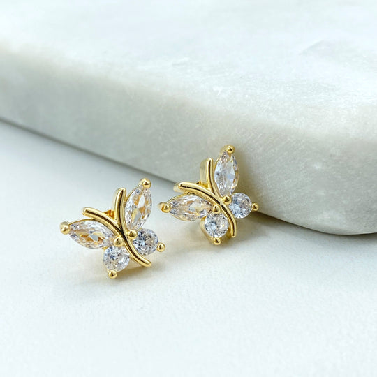 18k Gold Filled Round and Marquise Cut Butterfly Stud Earring, Petite CZ Butterfly Shape Stud Earrings
