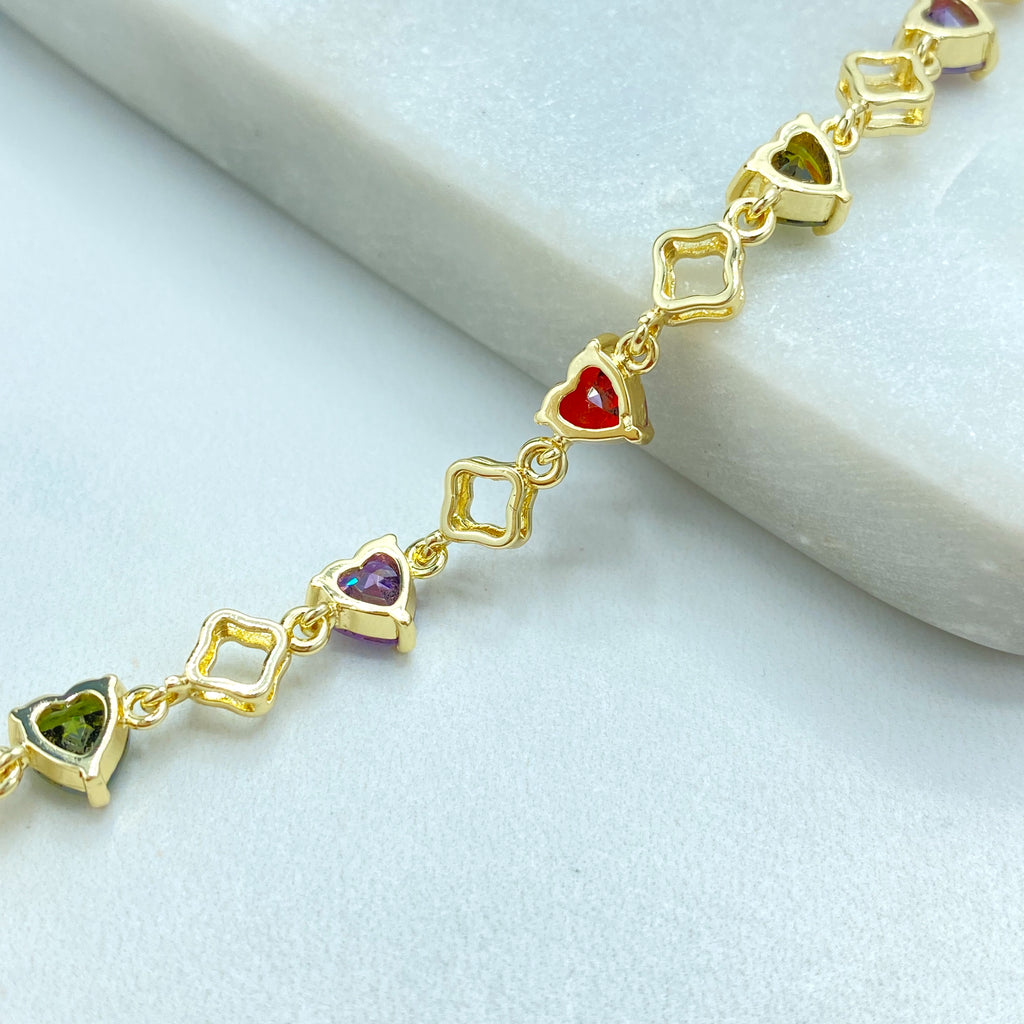 18k Gold Filled Bracelet, Multicolor CZ Heart and Clover Link Design, Linked CZ Bracelet Dainty Romantic Jewelry