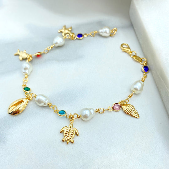 18k Gold Filled Tropical Bracelet with Multicolor Crystals, Pearls, and Ocean-Themed Charms, Bracelet for Summer