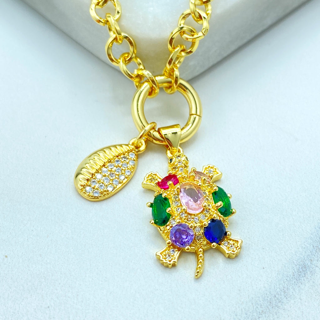 18k Gold Filled Necklace, Rolo Chain with Multicolor CZ Turtle and Clear CZ Cowry Shell Charms Necklace, 16" + Extender