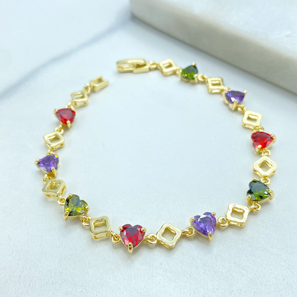 18k Gold Filled Bracelet, Multicolor CZ Heart and Clover Link Design, Linked CZ Bracelet Dainty Romantic Jewelry