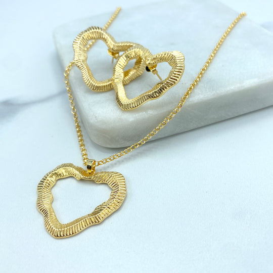 18k Gold Filled Texturized and Irregular Hearts Necklace and Stud Earrings Set