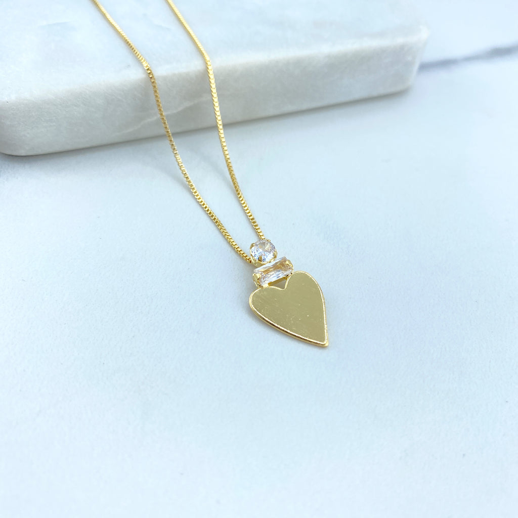 18k Gold Filled Flat Heart with Clear Cubic Zirconia Charm Necklace