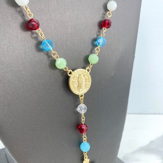 18k Gold Filled Multicolor Beads Rosary with Virgen de Guadalupe Medal, Our Lady of Guadalupe Rosary, "Ruega por Nosotros" Back Medal Rosary