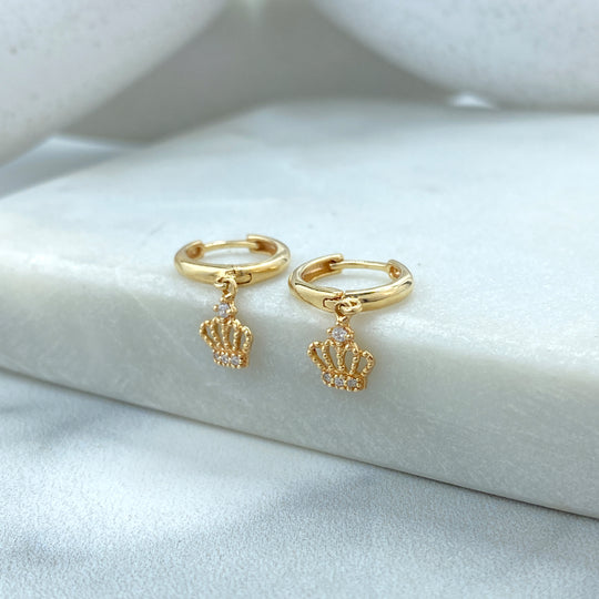 14k Solid Gold Huggie Earrings with Dangle Cutout Crown Charm featuring CZ, 14k Solid Yellow Gold CZ King Queen Crown Huggie