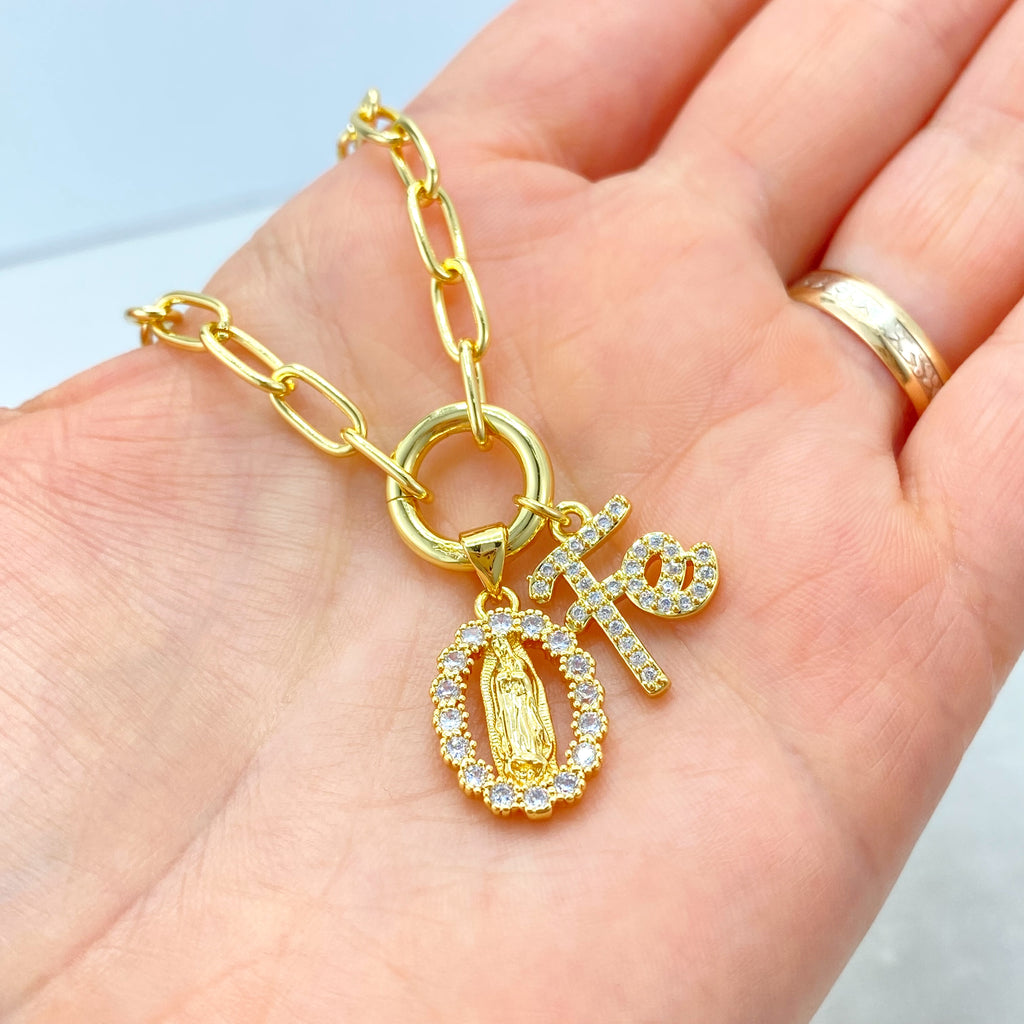 18k Gold Filled Necklace, Paperclip Chain with CZ Guadalupe Medal & “Fe” Charm Necklace, 16" + Extender