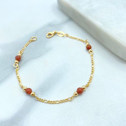 18k Gold Filled Aventurine Linked Bracelet with Figaro Chain, 7.5 Inches Long, Figaro Chain Bracelet with Aventurine