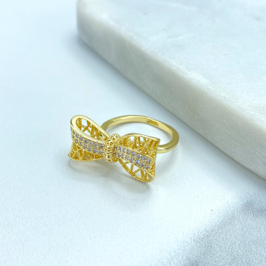 18k Gold Filled 3D Mesh Ribbon Bow Ring featuring Micro CZ | Adjustable Ring