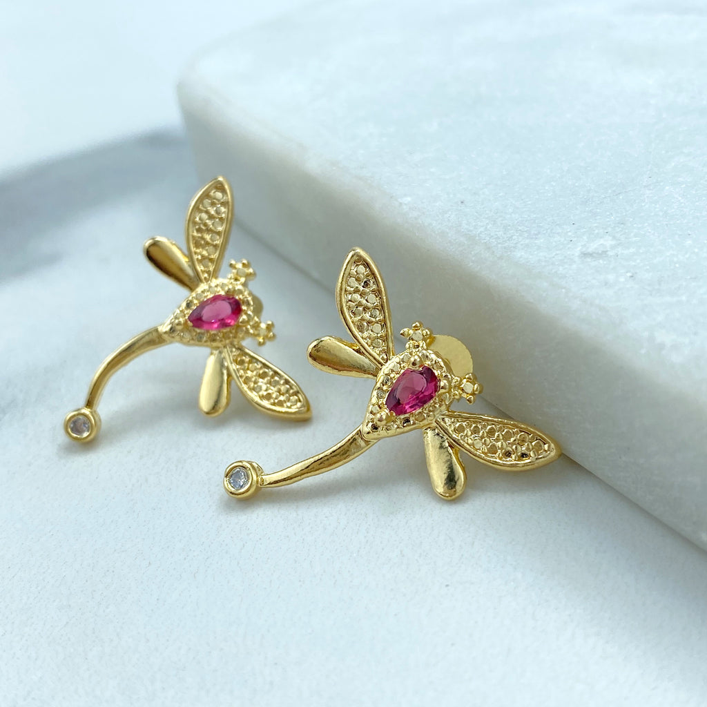 18k Gold Filled Dragon-Fly Stud Earrings, with White and Pink Cubic Zirconia, Cute Dragon-Fly Earrings