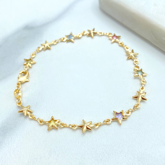 18k Gold Filled Multicolor Crystal Star Charm and Gold Star Charm Bracelet, Linked Stars Bracelet, Celestial Bracelet