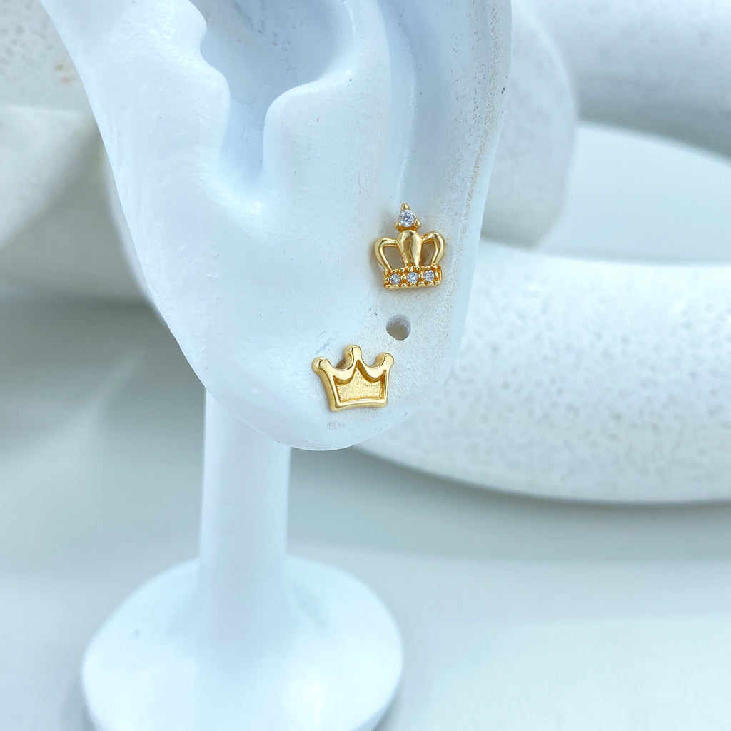 14k Solid Gold Crown Stud Earrings, Gold Crown or featuring Cubic Zirconia Crown