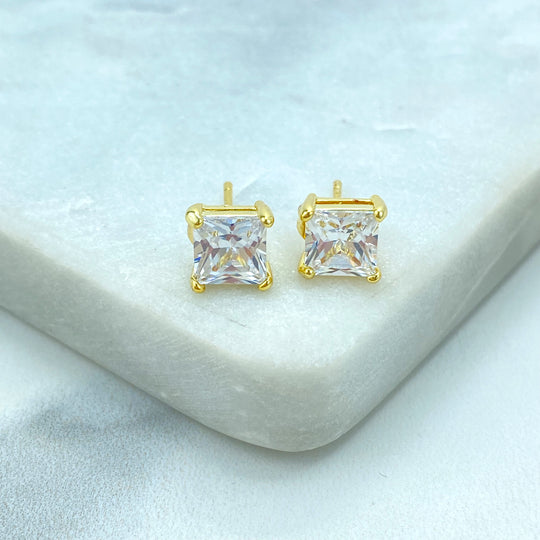 18k Gold Filled Square Shape Stud Earrings with CZ, Unisex Square Earrings, Push Back