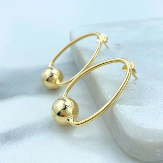 18K Gold Filled Oval Hoop Earrings Style with 12mm Gold Bead, Minimalist Hoop Earrings, Stud Ball Hoop, Fine Jewelry