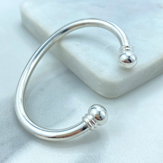 Silver Filled Bangle Featuring Two Solid Balls On Top, Cuff Bracelets, C-Shaped, Classic Bracelet, Fine Bracelet