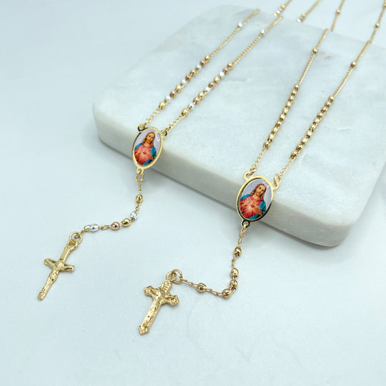 18k Gold Filled THREE TONE or GOLD Ball Rosary Sacred Heart of Jesus