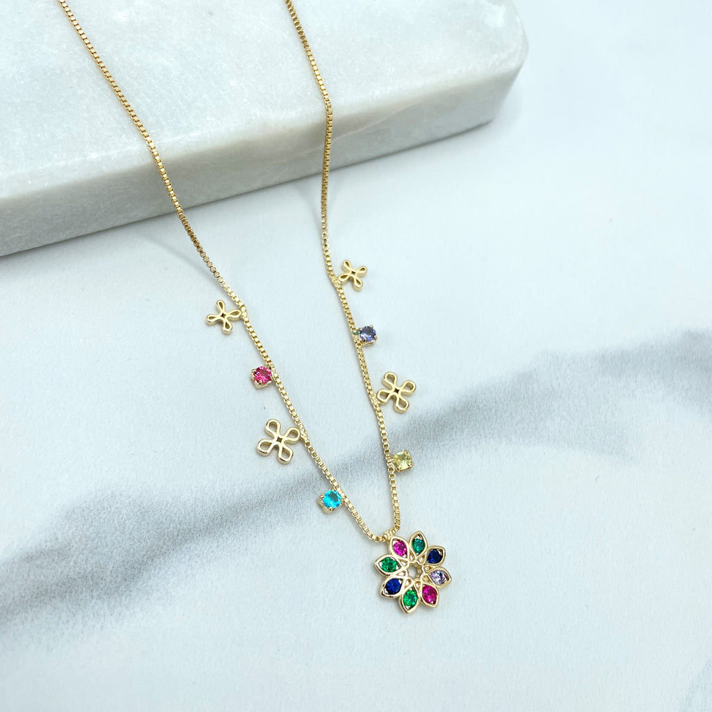 18k Gold Filled Box Chain, Signature Cross Charms, Multi-Color Round & CZ Flower