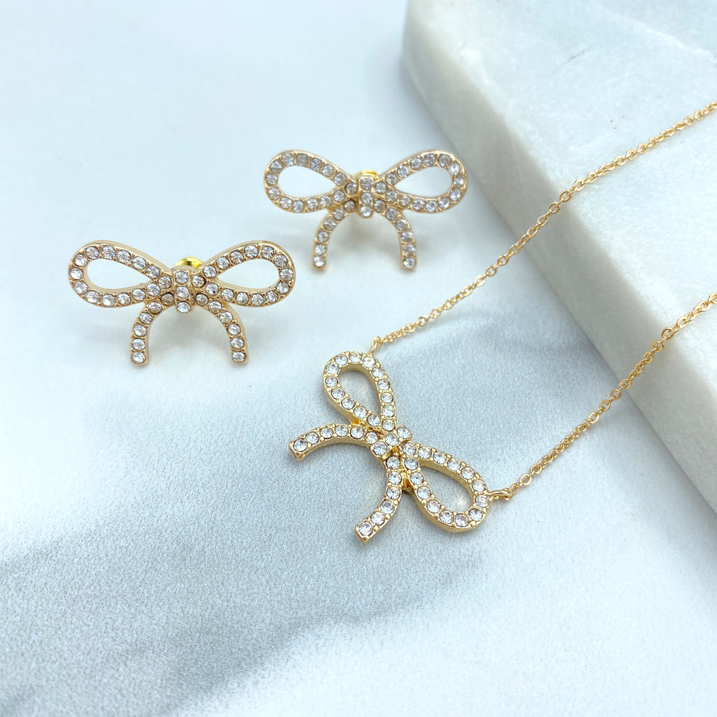 18k Gold Filled Ribbon Bow Stud Earrings or Necklace featuring Clear Cubic Zirconia Set