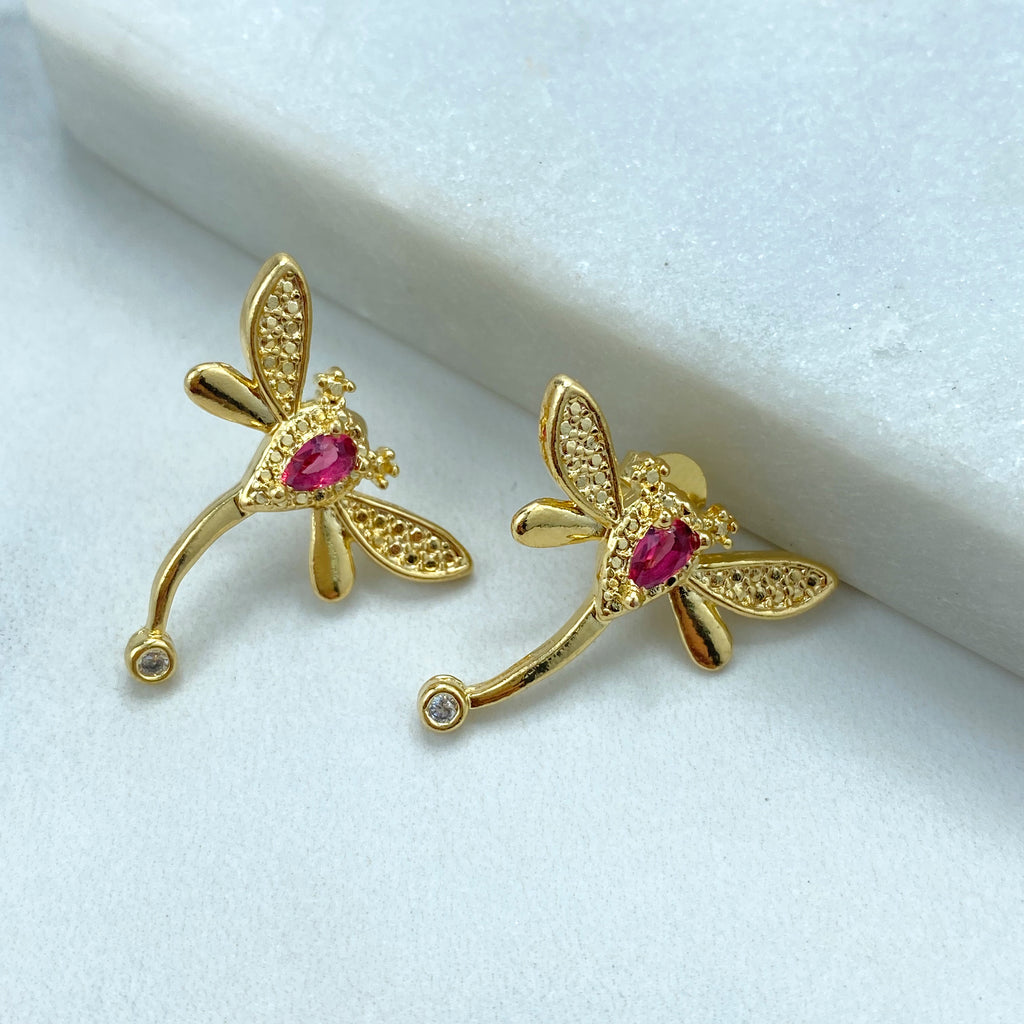 18k Gold Filled Dragon-Fly Stud Earrings, with White and Pink Cubic Zirconia, Cute Dragon-Fly Earrings