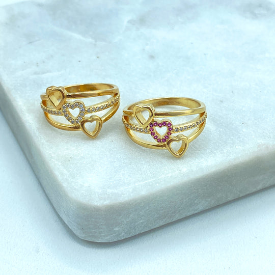 18k Gold Filled Clear or Pink Micro Pave Cubic Zirconia and Cutout Hearts Simulated Stackable Ring