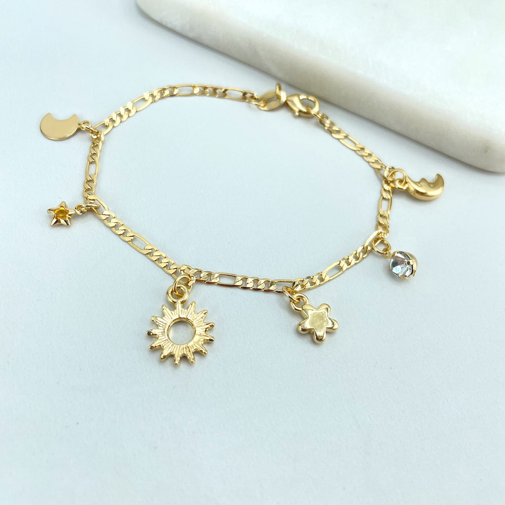18k Gold Filled 3mm Figaro Chain with Dangle Celestial Charms Bracelet