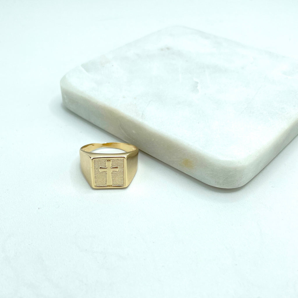 18k Gold Filled Texturized Cross Signet Men's Ring, Medal Cross Religious Ring