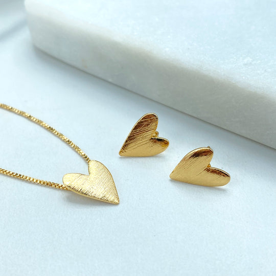 18k Gold Filled V Heart Necklace or Earrings, Textured V Heart Charm Necklace, Textured Heart Stud Earrings