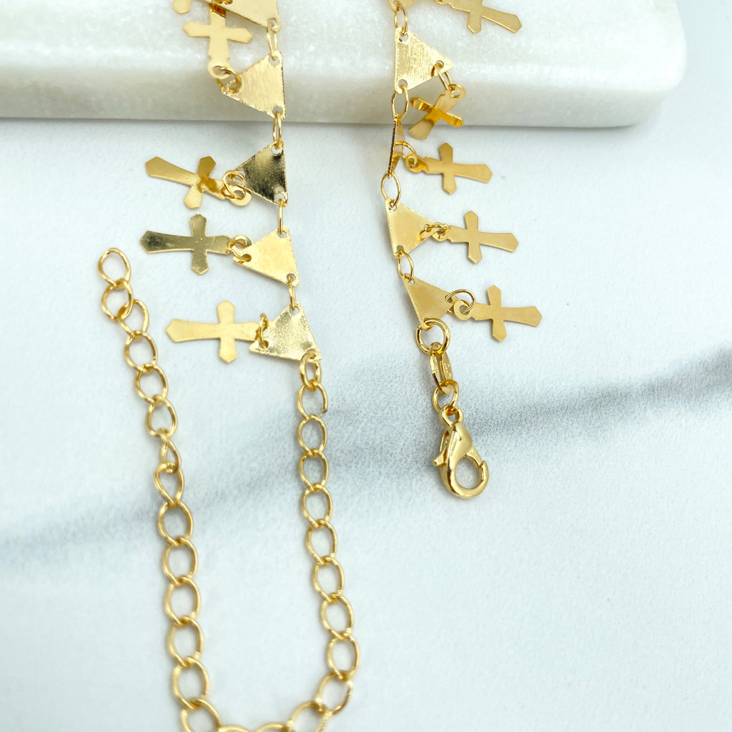 18k Gold Filled Choker Necklace Linked Triangles and Dangles Cross with Extender