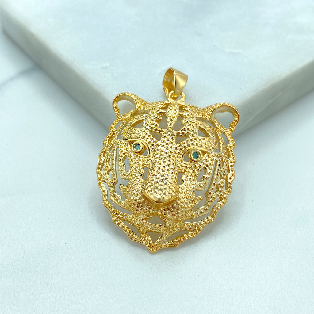 18K Gold Filled Cutout Animal Tiger Head Pendant, featuring Green CZ, Lion Head Pendant