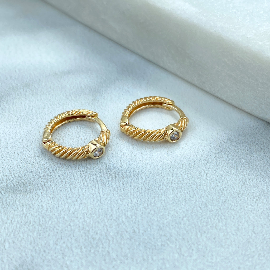 14k Solid Gold Huggie Earrings Twisted Style featuring Clear CZ, 14k Solid Yellow Gold CZ Twisted Huggie Earrings