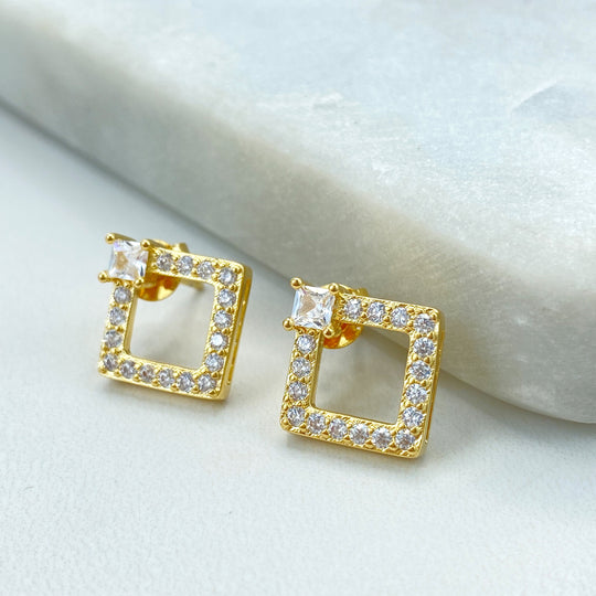 18k Gold Filled Open Square Shape Stud Earrings with Cubic Zirconia, CZ Square Earrings