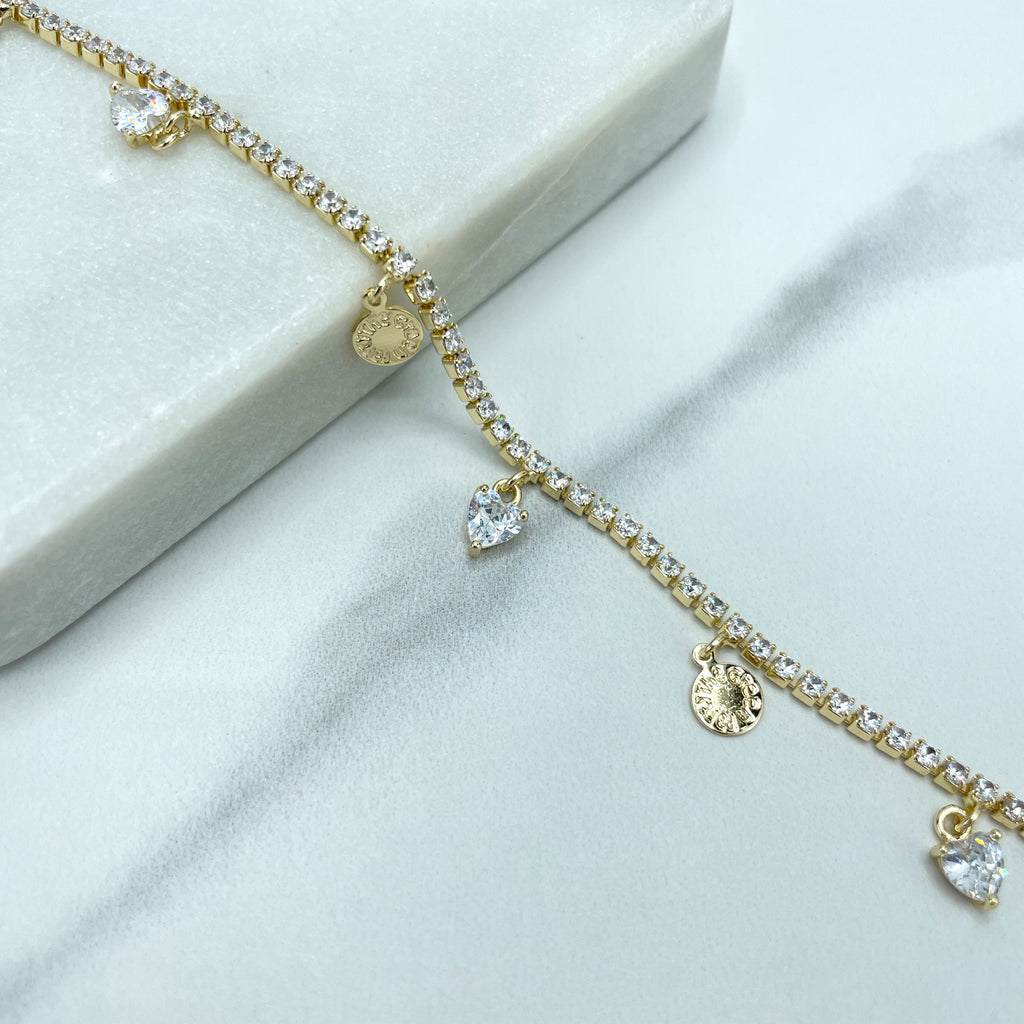 18k Gold Filled Clear Cubic Zirconia Tennis Chain Necklace with Dangle Hearts Shape Zirconia Charms and Gold Medals, Wholesale Jewelry