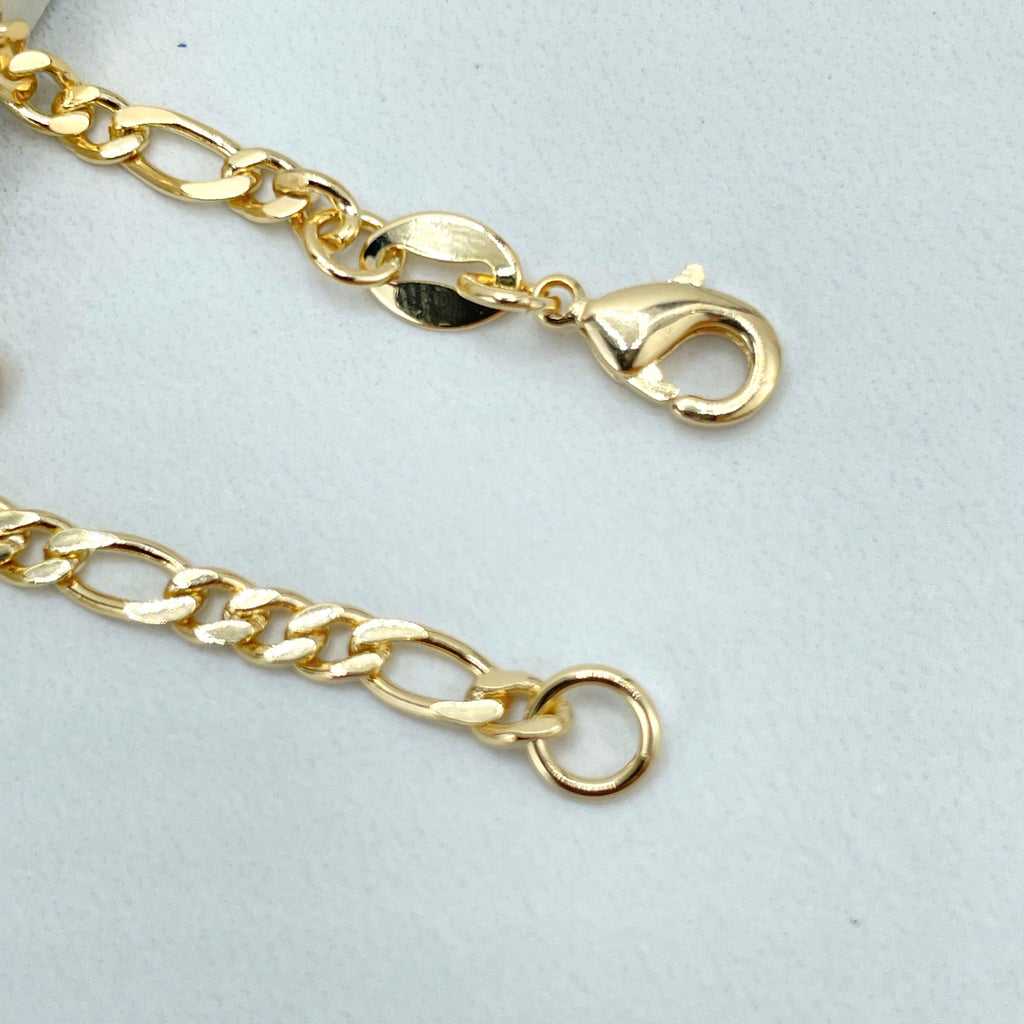 18k Gold Filled 3mm Figaro Chain Link with Cute Puffed Dangle Hearts Bracelet