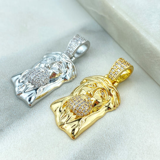 Silver Filled or 18k Gold Filled, Jesus Christ Face Shape Pendant with Micro CZ, Large Bail Pendant