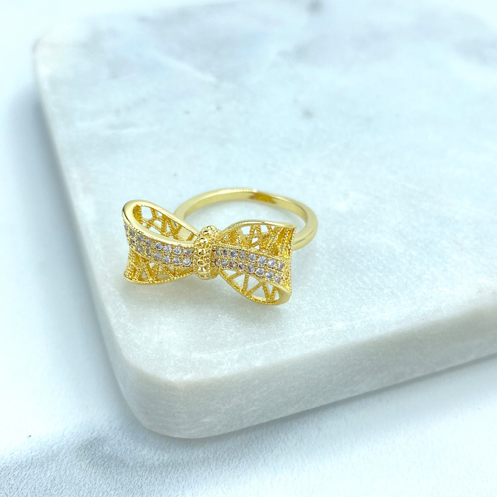 18k Gold Filled 3D Mesh Ribbon Bow Ring featuring Micro CZ | Adjustable Ring