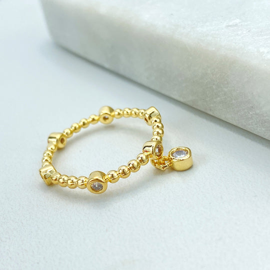 18k Gold Filled Beaded Ring with CZ and Dangling Solitaire Charm, Beaded Band with CZ Bezels