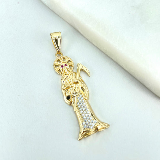 18k Gold Filled Clear & Pink Cubic Zirconia Santa Muerte Religious Pendant
