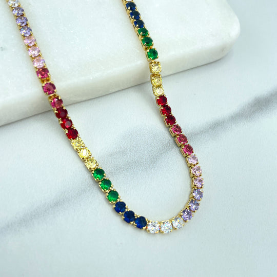 18k Gold Filled Rainbow Tennis Cubic Zirconia Choker Necklace with Extender