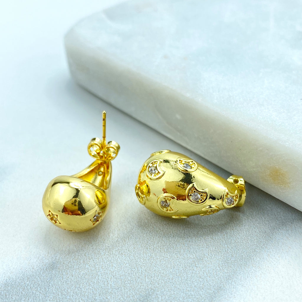 18k Gold Filled Chunky Vintage Drop Shape Earrings, Teardrop Puffed Earrings with Micro CZ, Moon and Star.