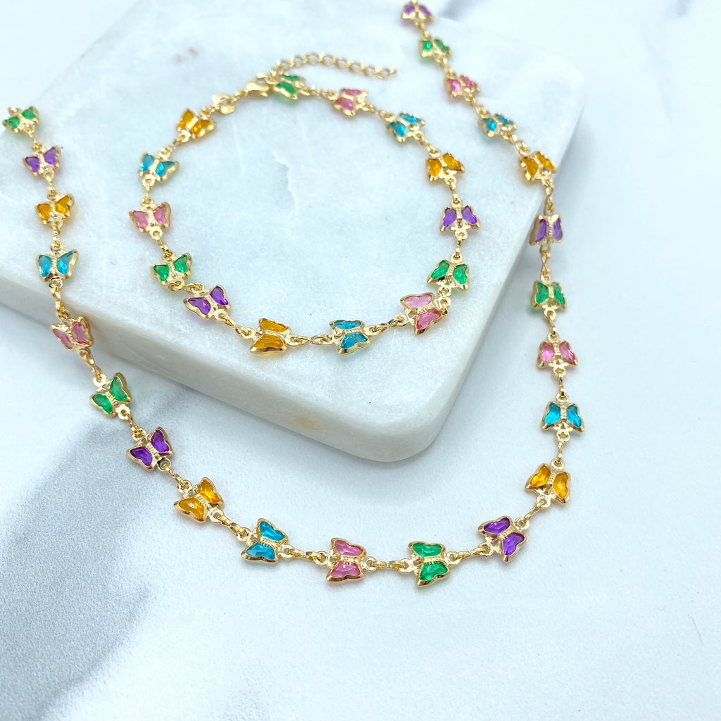 18k Gold Filled Multi Colored Crystal Linked Butterflies Necklace or Bracelet SET