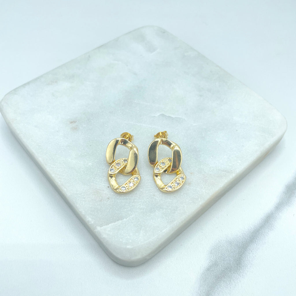 18k Gold Filled Drop Stud Earrings Featuring Micro Pave Cubic Zirconia, Curb Link Style
