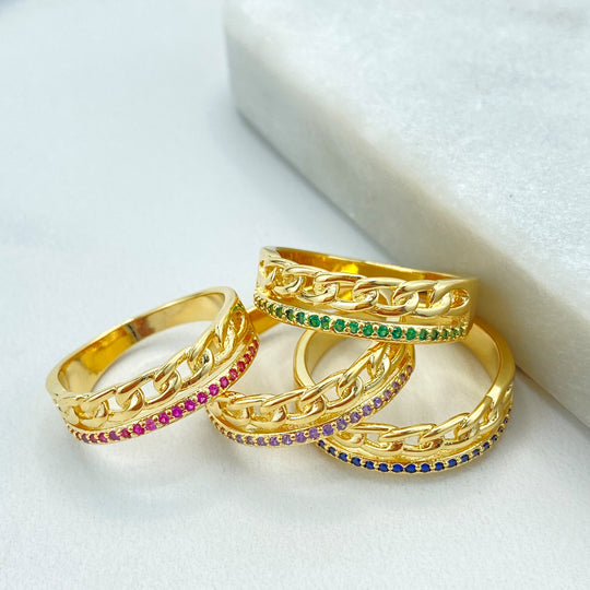 18K Gold Filled Simulated Double Stackable Ring with Multicolor Micro Zirconia & Curb Link Design, Colorful CZ Ring