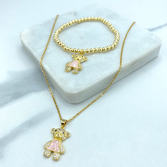 Stainless Steel Cute Teddy Bear Charm Featuring CZ Necklace or Beaded Bracelet