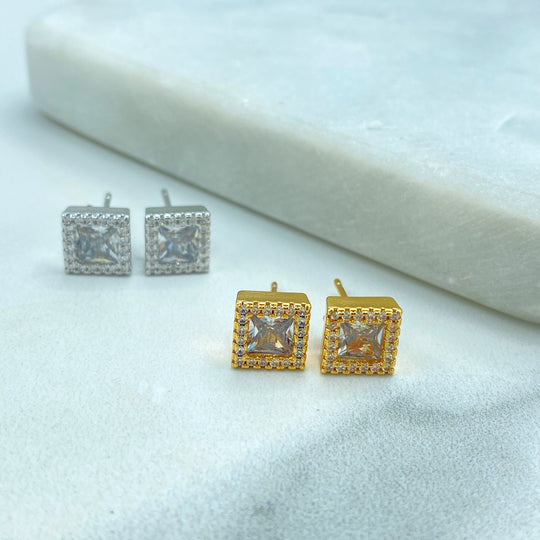 18k Gold Filled or Silver Filled, Square Shape Stud Earrings with CZ, Unisex Square Earrings, Unisex Earrings